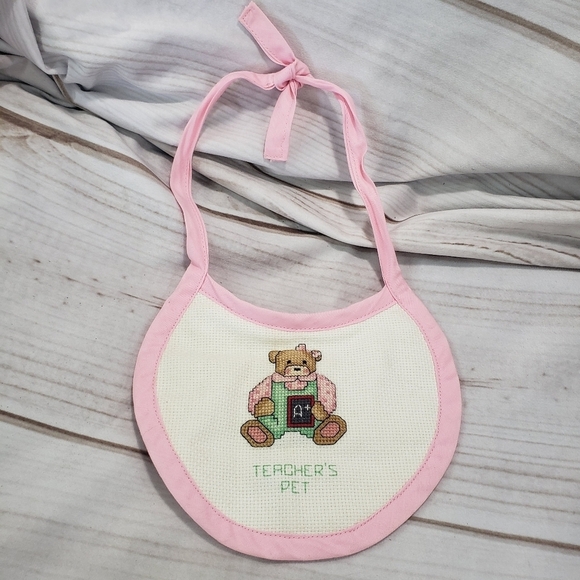 Handmade Cross Stitch Baby Bib Teddy Bear Teacher's Pet With Squeaker Terrycloth - Picture 1 of 5